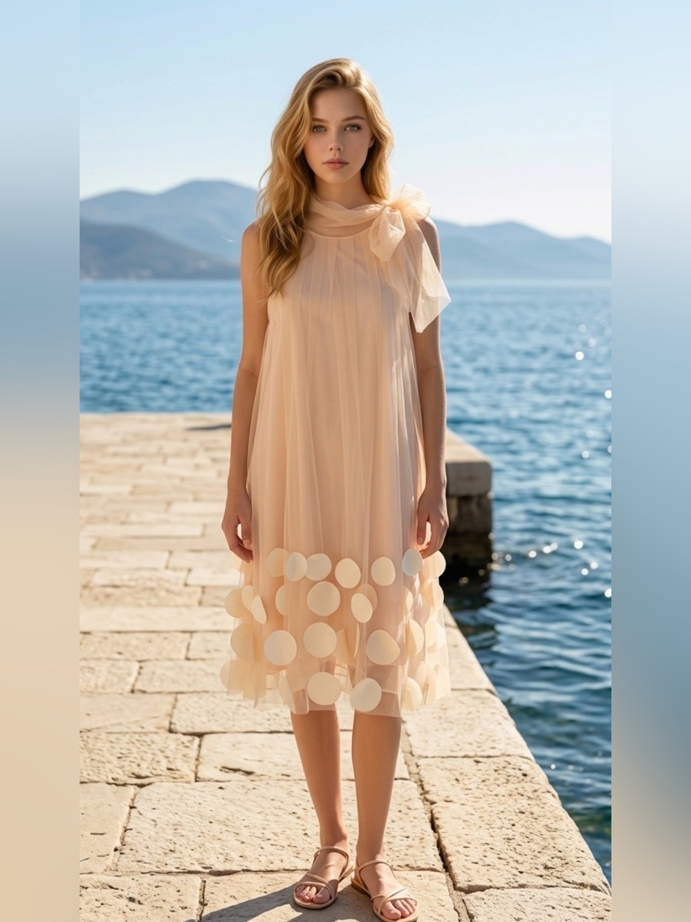 Sleeveless Cream Midi Tulle Dress with Dot Hem